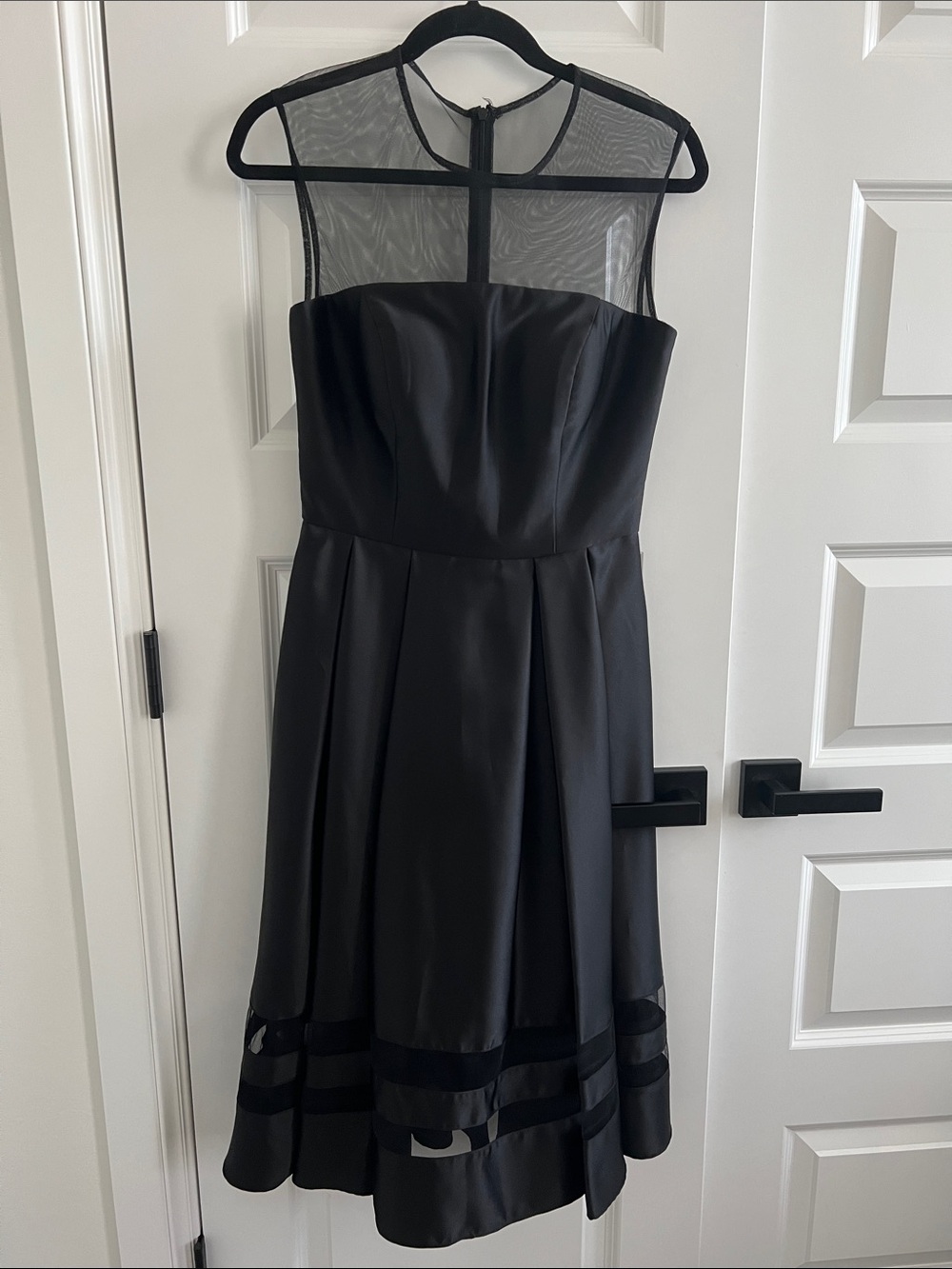 Betsy & Adam Black Midi Dress with Sheer Mesh Yoke